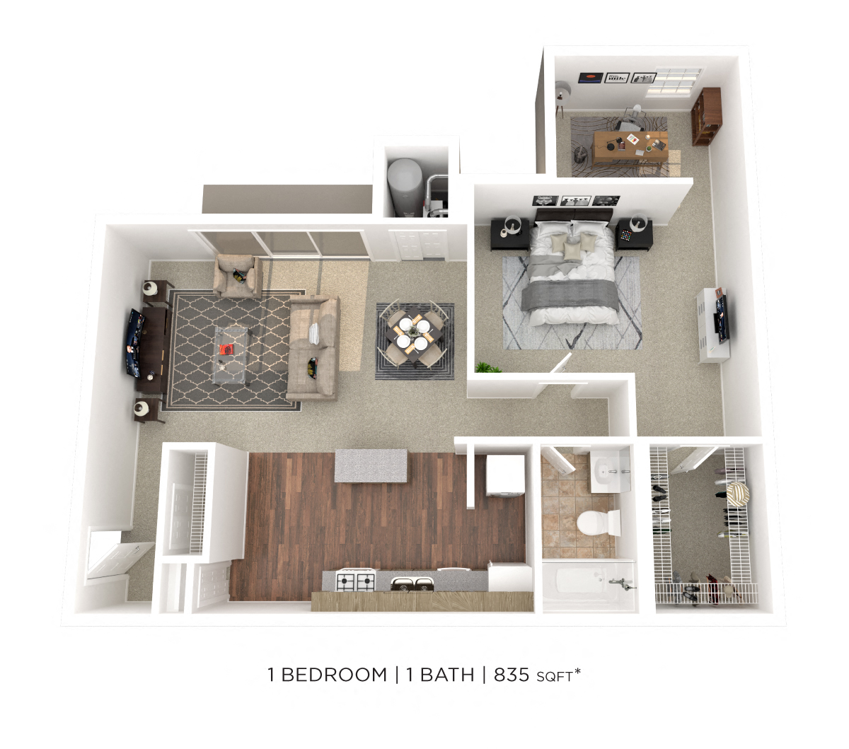 Floor plan for 1 bed, 1 bath, 835 sqft