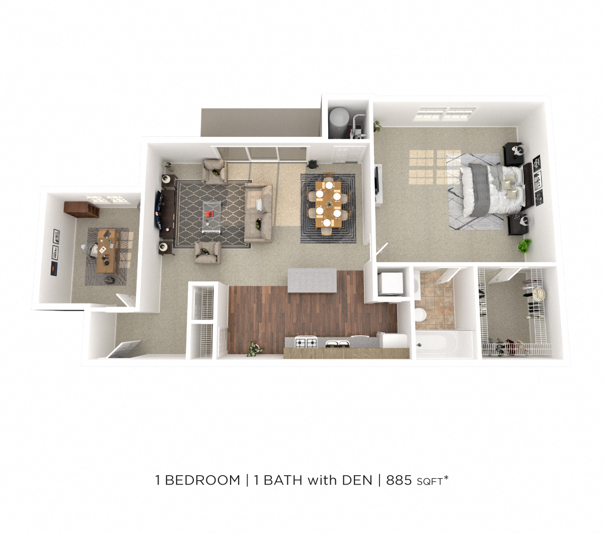 Floor plan for 1 bed, 1 bath, 885 sqft