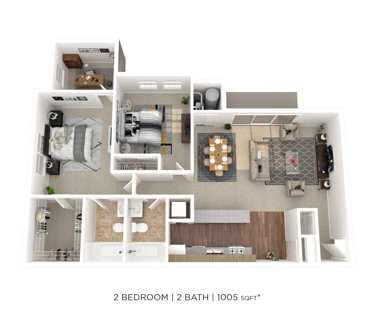 Floor plan for 2 beds, 1 bath, 1005 sqft
