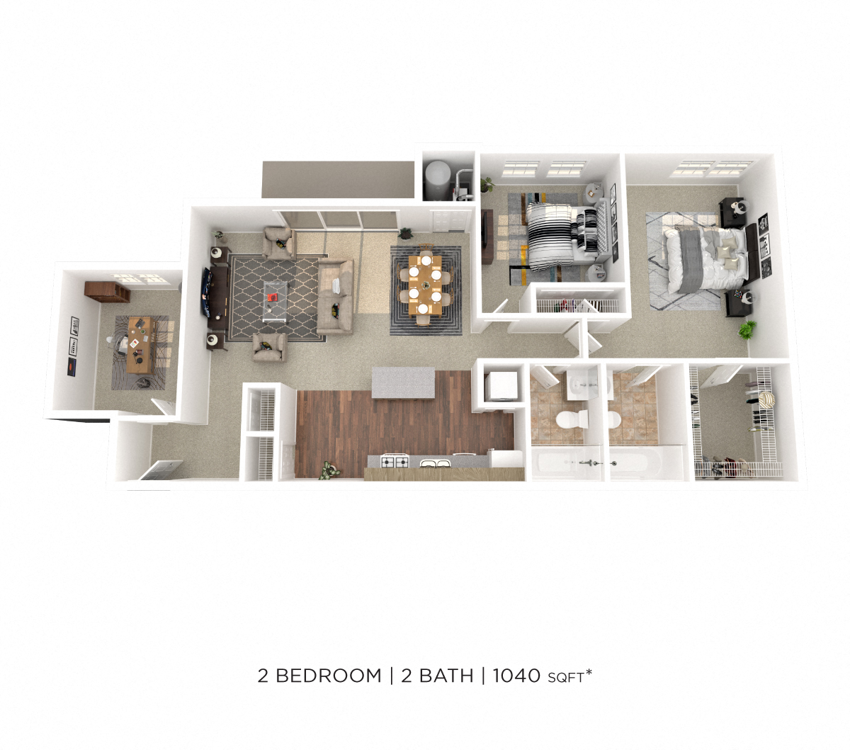 Floor plan for 2 beds, 2 baths, 1040 sqft