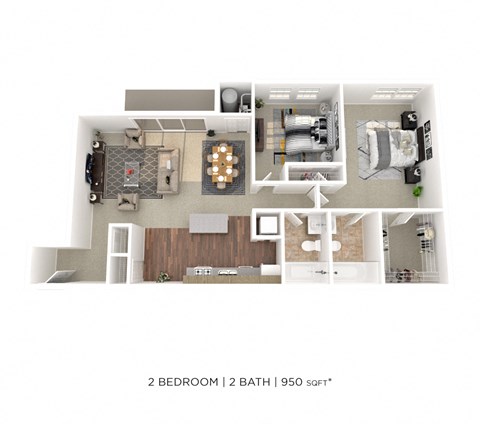 Floor plan for 2 beds, 2 baths, 950 sqft
