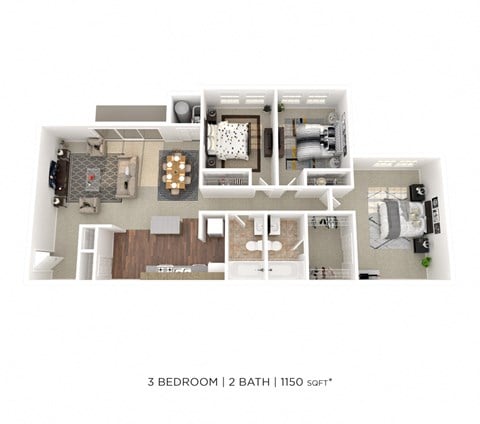 Floor plan for 3 beds, 2 baths, 1150 sqft