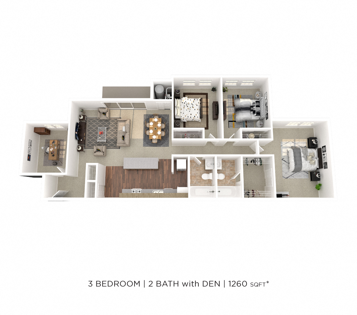 Floor plan for 3 beds, 2 baths, 1260 sqft