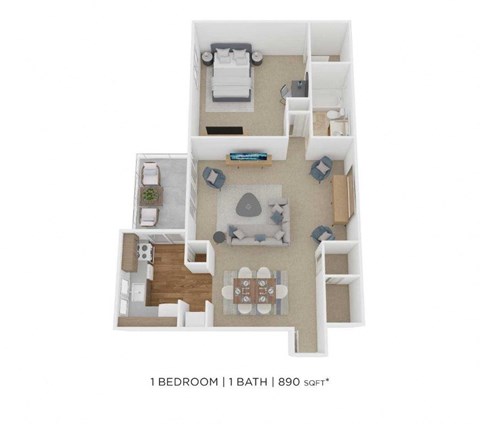 Floor plan for 1 bed, 1 bath, 890 sqft