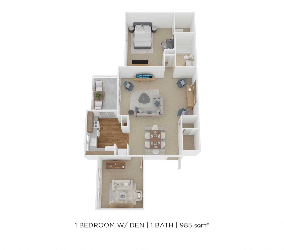 Floor plan for 1 bed, 1 bath, 985 sqft