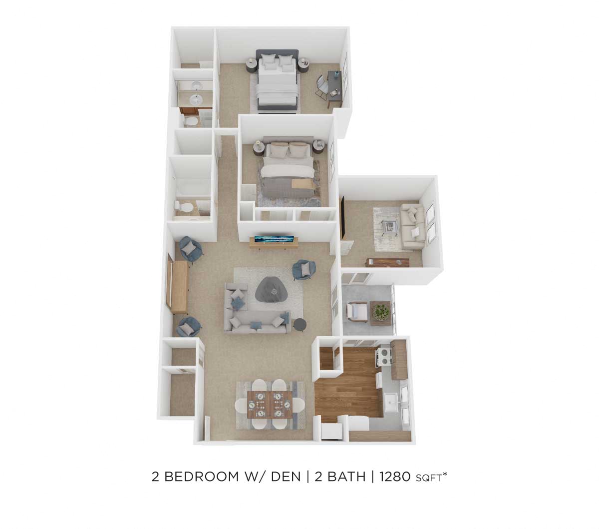 Floor plan for 2 beds, 2 baths, 1280 sqft