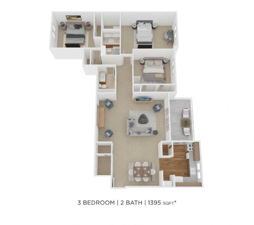 Floor plan for 3 beds, 2 baths, 1395 sqft