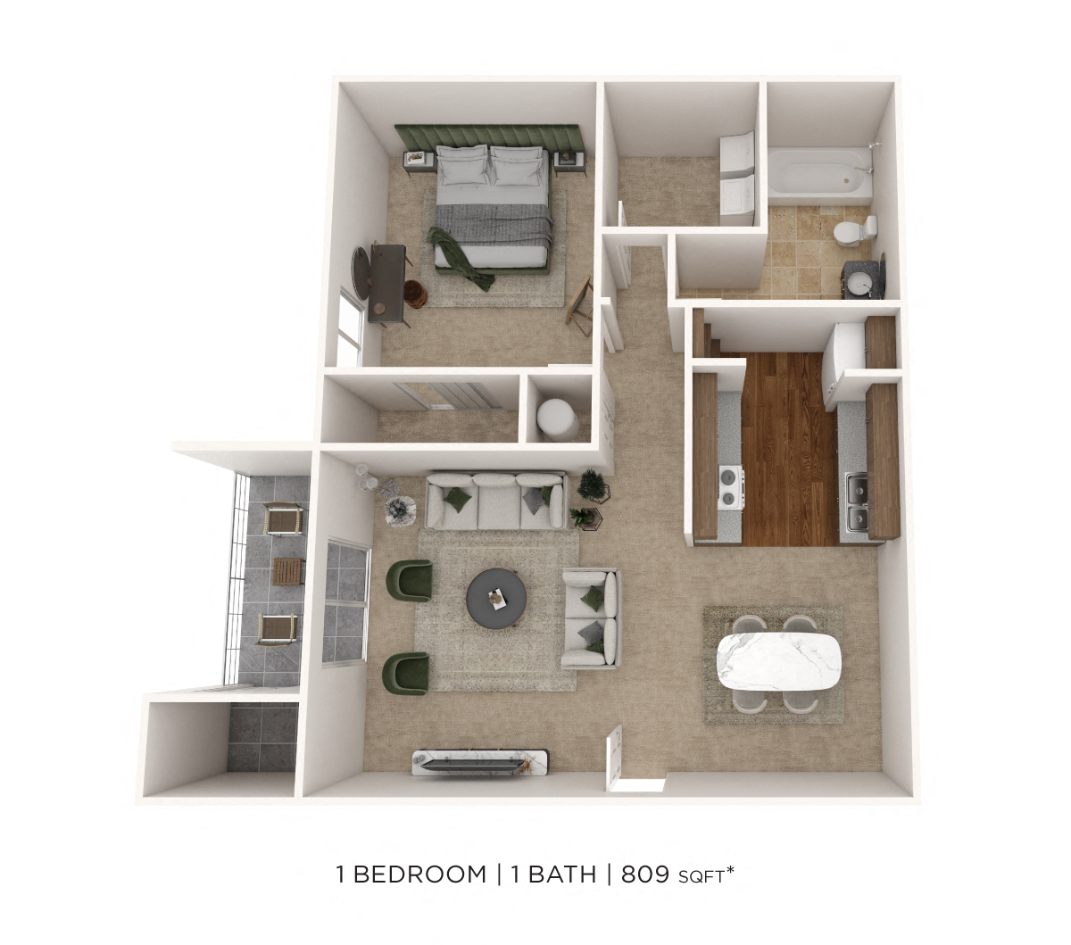 Floor plan for 1 bed, 1 bath, 809 sqft