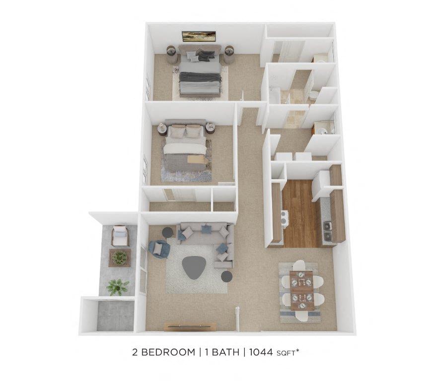 Floor plan for 2 beds, 1 bath, 1044 sqft