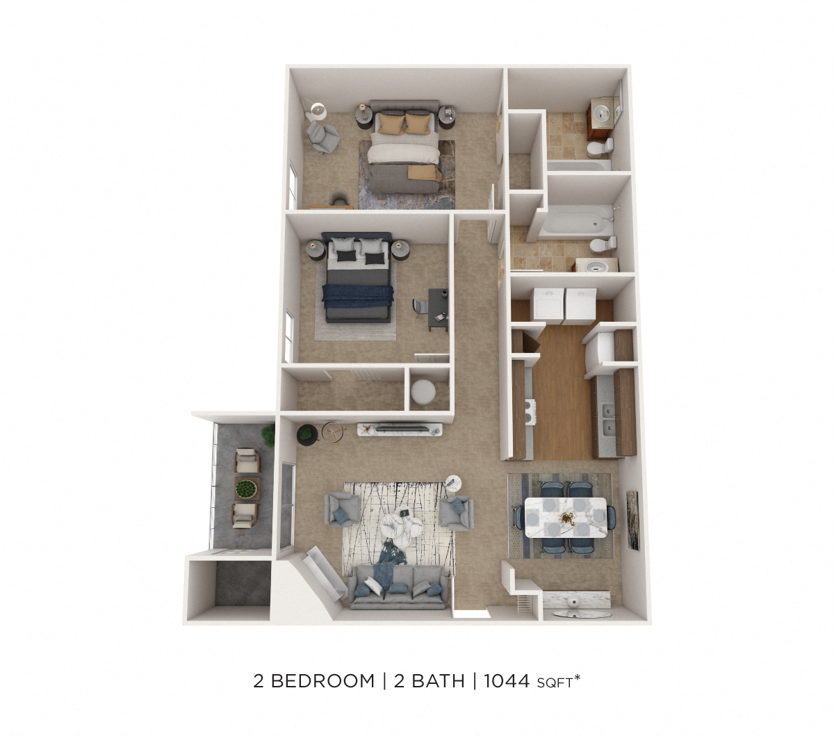 Floor plan for 2 beds, 2 baths, 1044 sqft