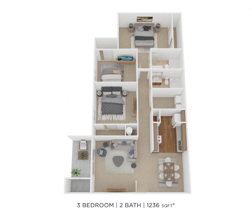 Floor plan for 3 beds, 2 baths, 1236 sqft
