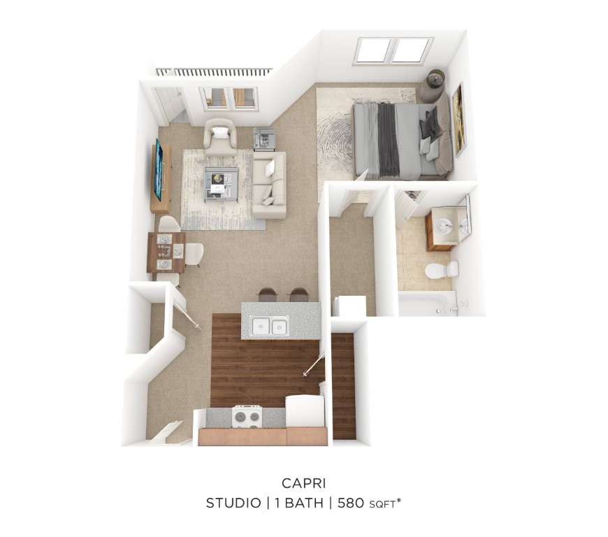Floor plan for studio, 1 bath, 580 sqft
