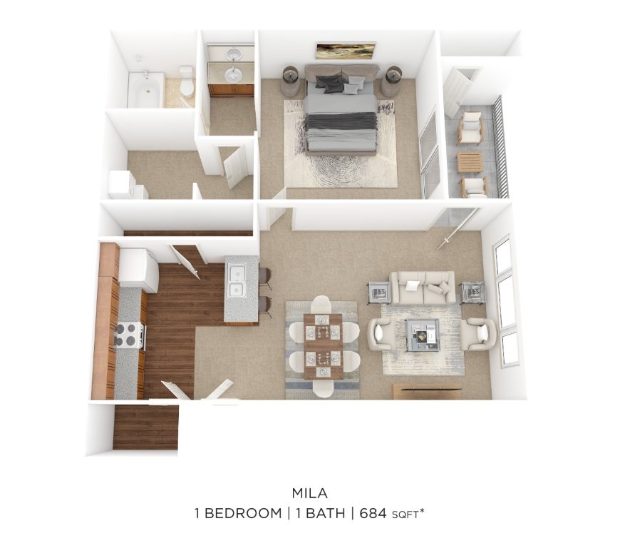 Floor plan for 1 bed, 1 bath, 684 sqft