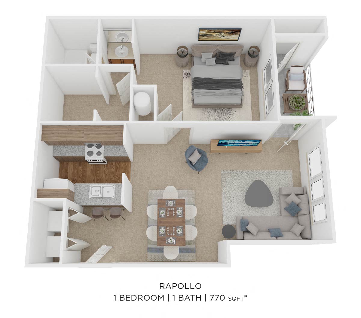 Floor plan for 1 bed, 1 bath, 770 sqft