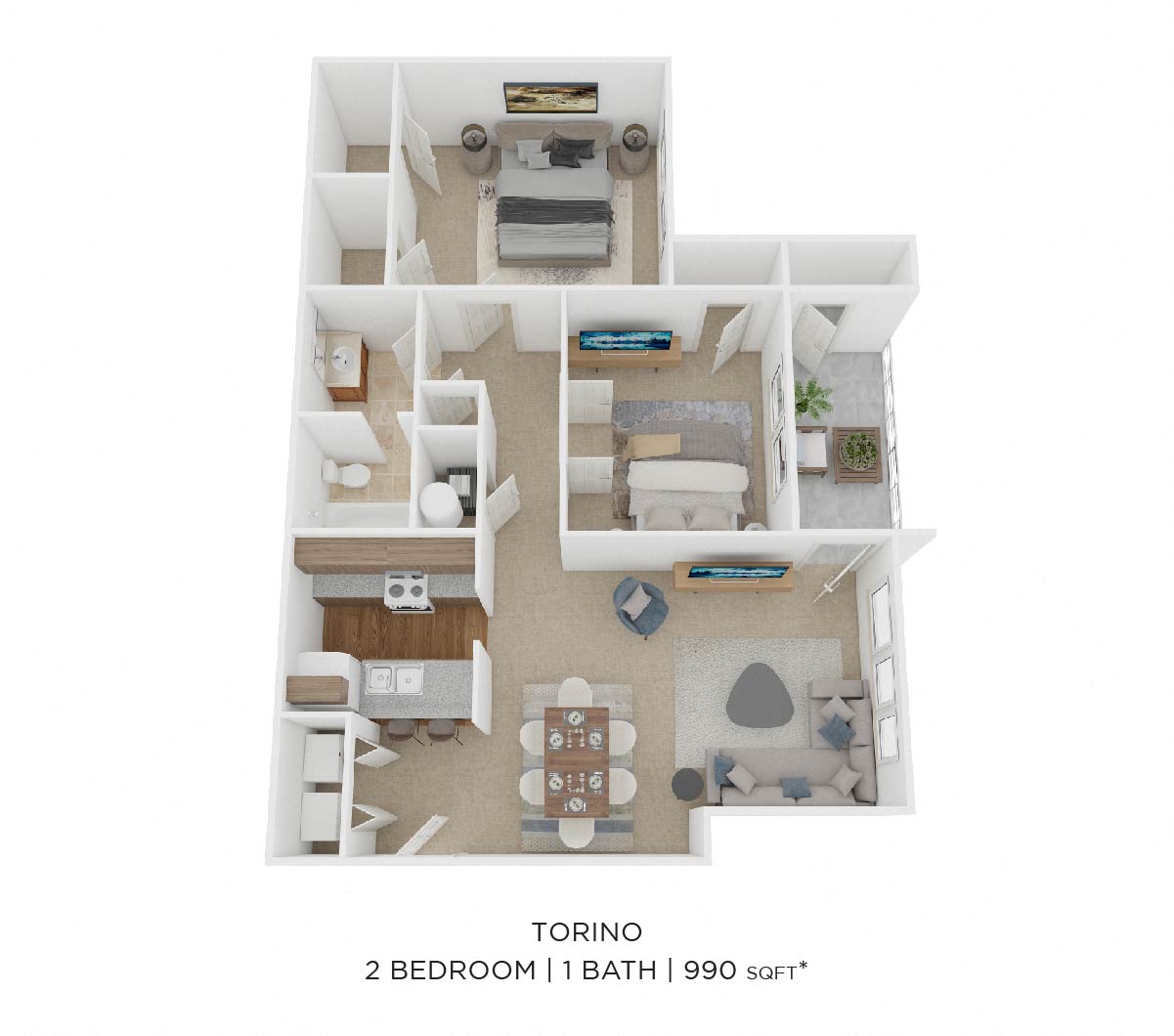 Floor plan for 2 beds, 1 bath, 990 sqft