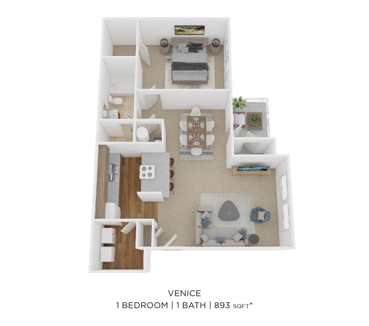 Floor plan for 1 bed, 1 bath, 895 sqft