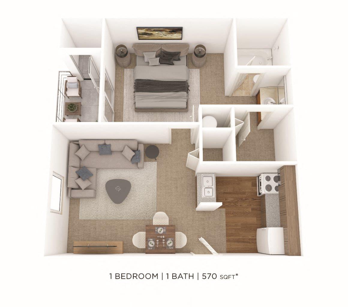 Floor plan for 1 bed, 1 bath, 570 sqft