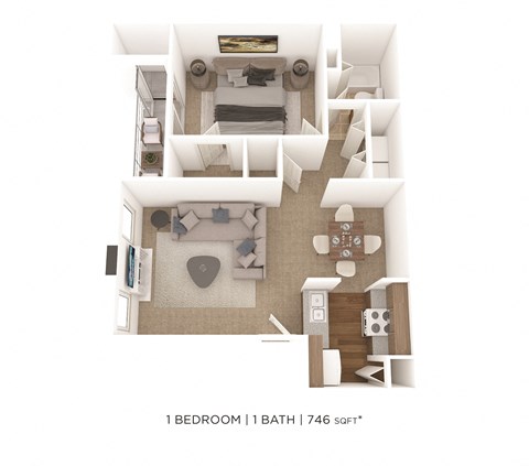 Floor plan for 1 bed, 1 bath, 746 sqft