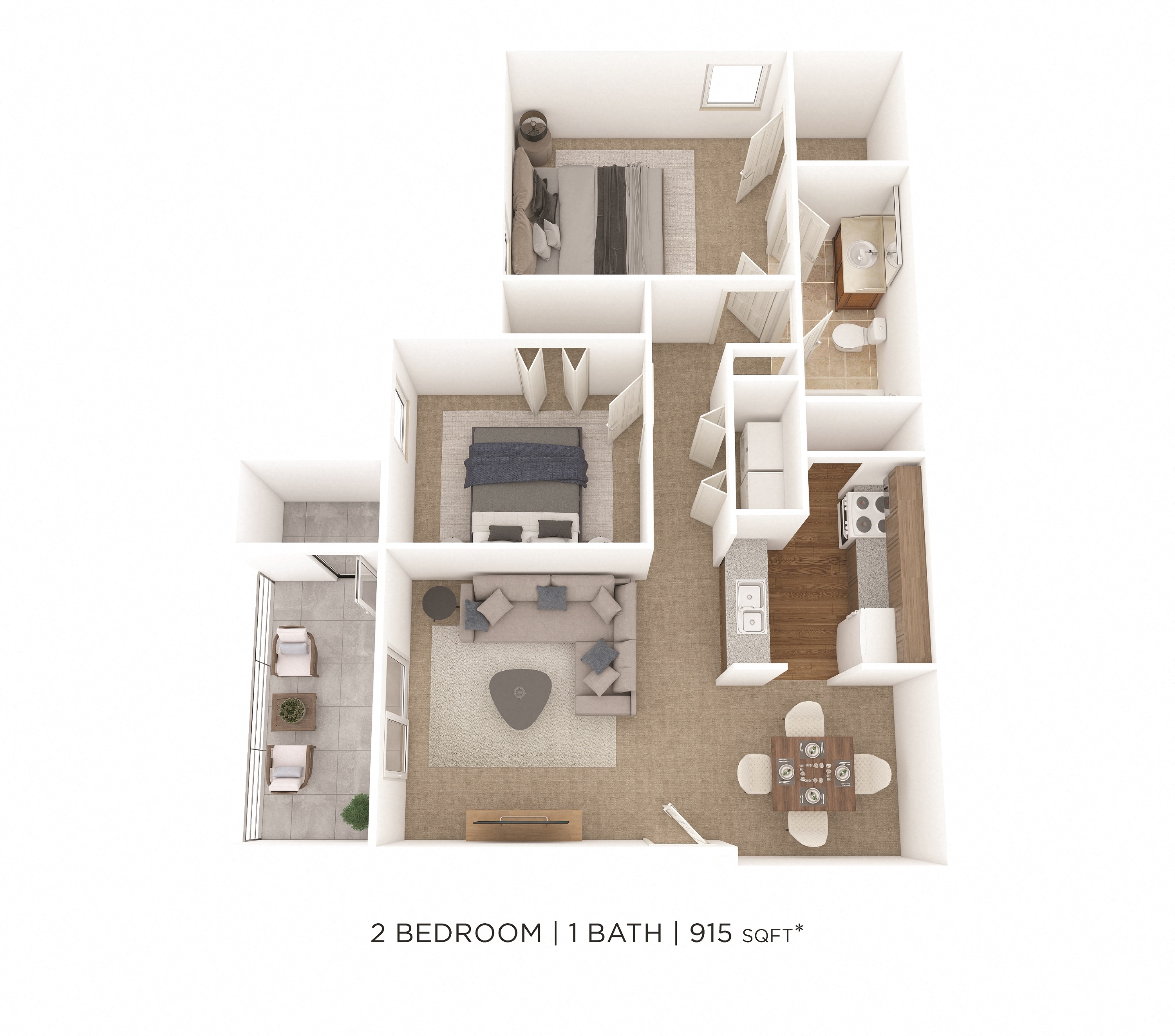Floor plan for 2 beds, 1 bath, 915 sqft