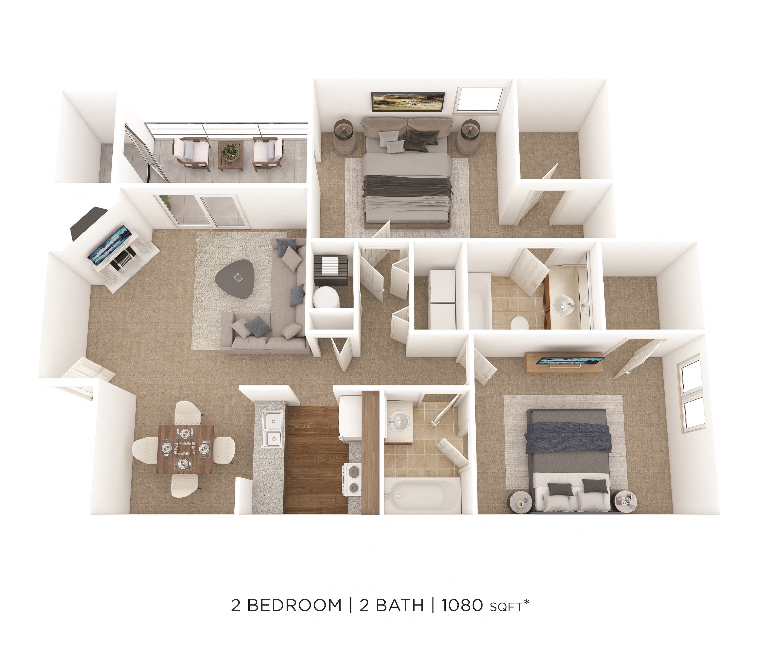 Floor plan for 2 beds, 2 baths, 1080 sqft