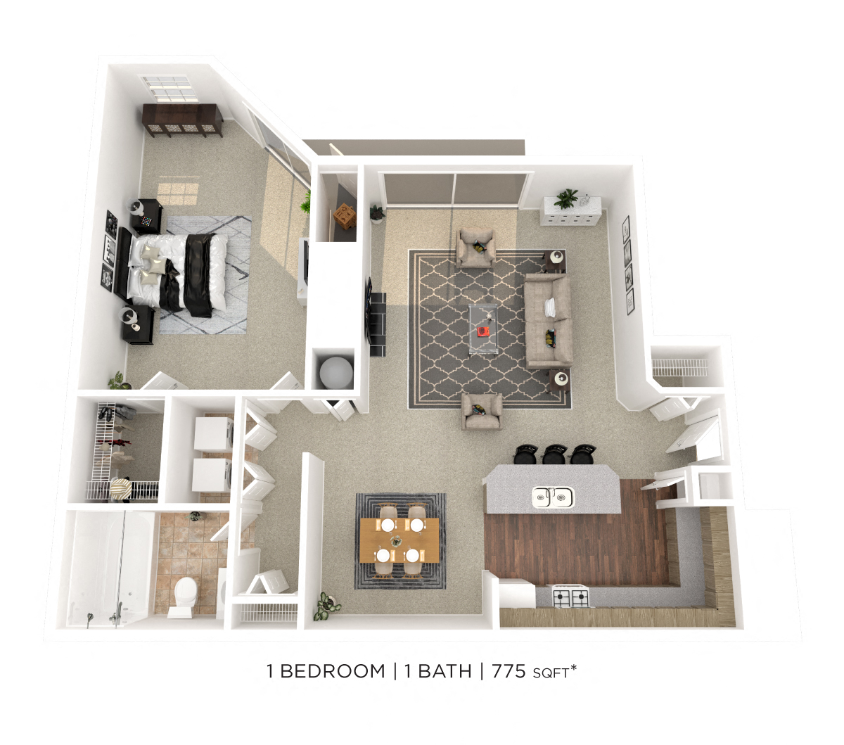 Floor plan for 1 bed, 1 bath, 775 sqft