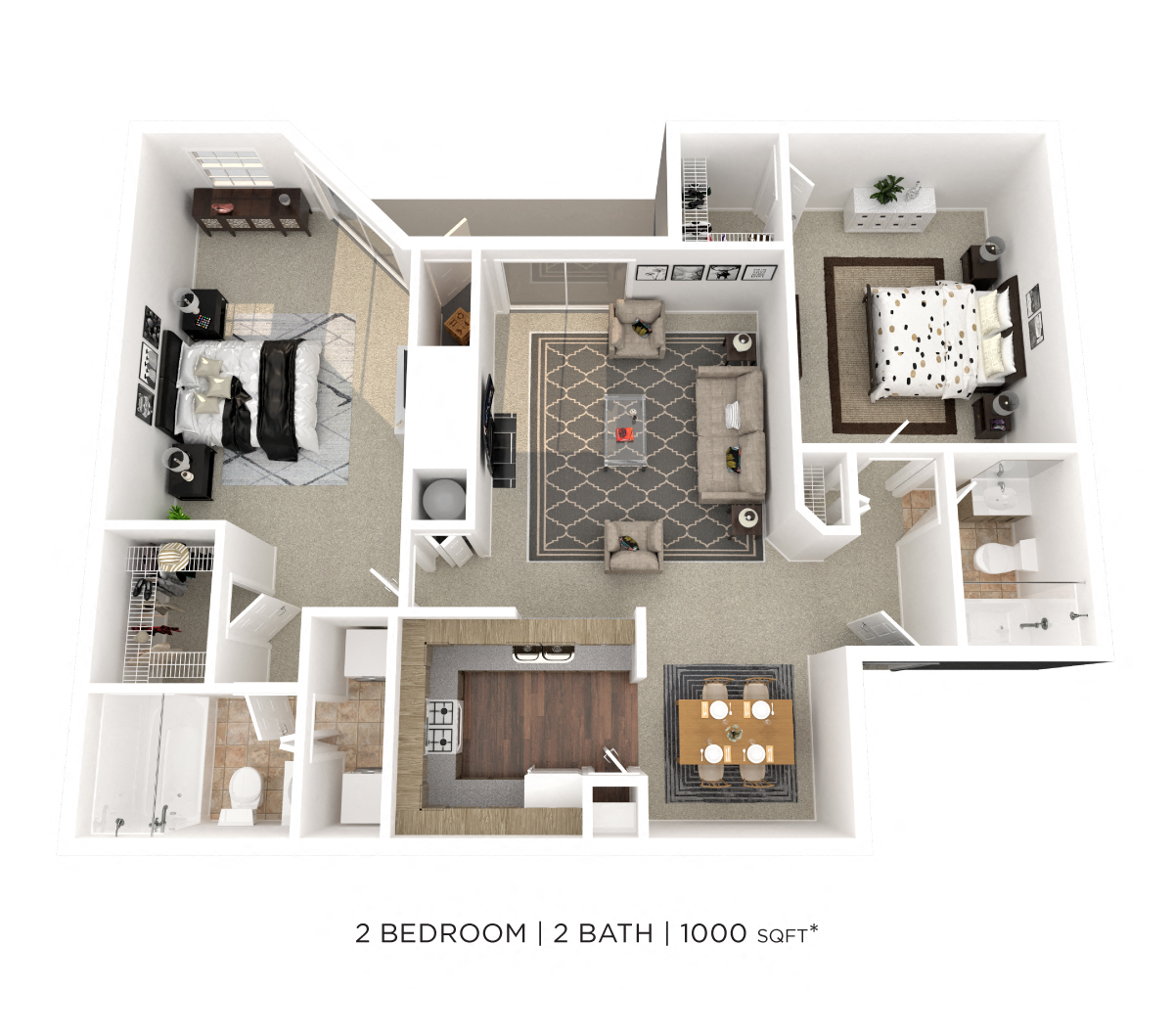 Floor plan for 2 beds, 2 baths, 1000 sqft