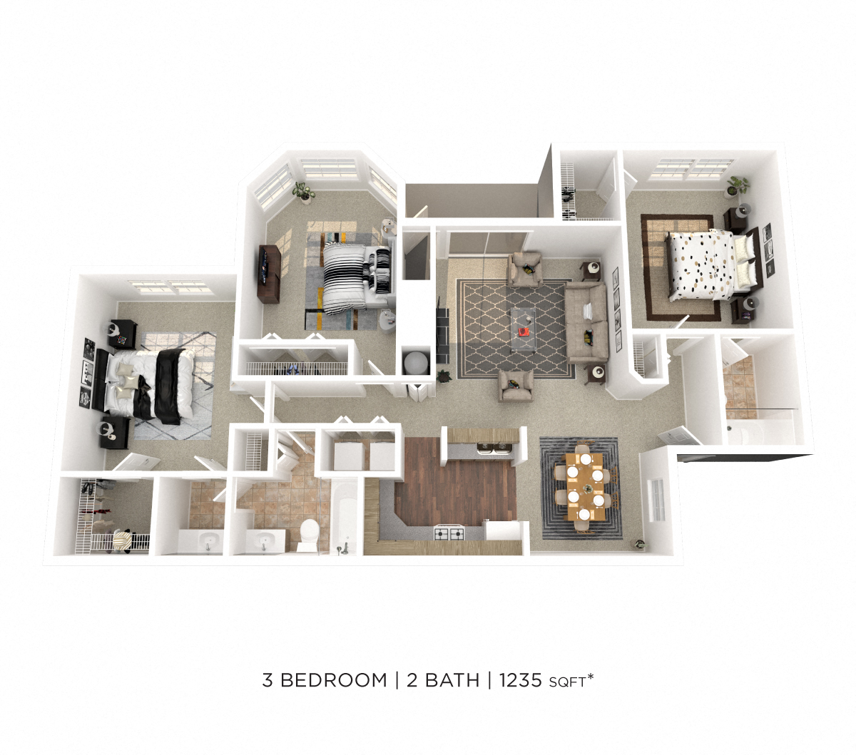 Floor plan for 3 beds, 2 baths, 1235 sqft