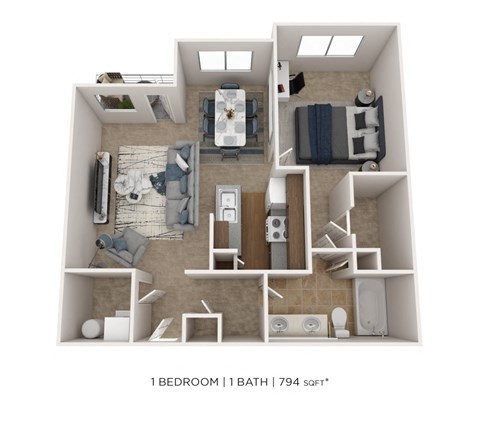 Floor plan for 1 bed, 1 bath, 794 sqft