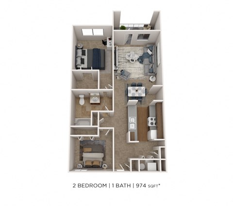 Floor plan for 2 beds, 1 bath, 974 sqft