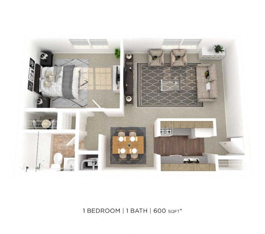 Floor plan for 1 bed, 1 bath, 600 sqft