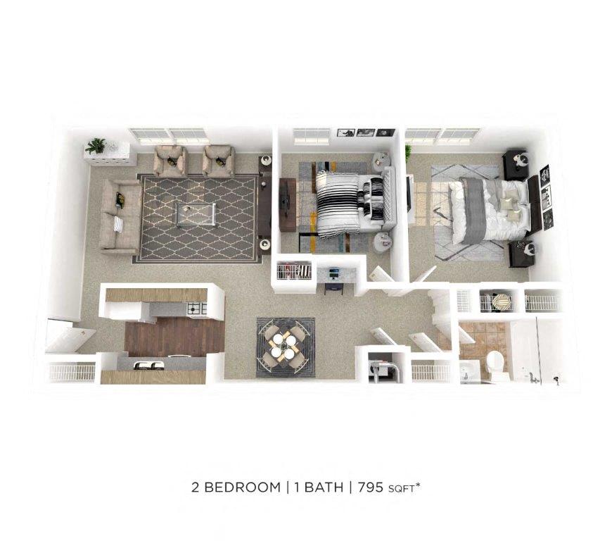Floor plan for 2 beds, 1 bath, 795 sqft