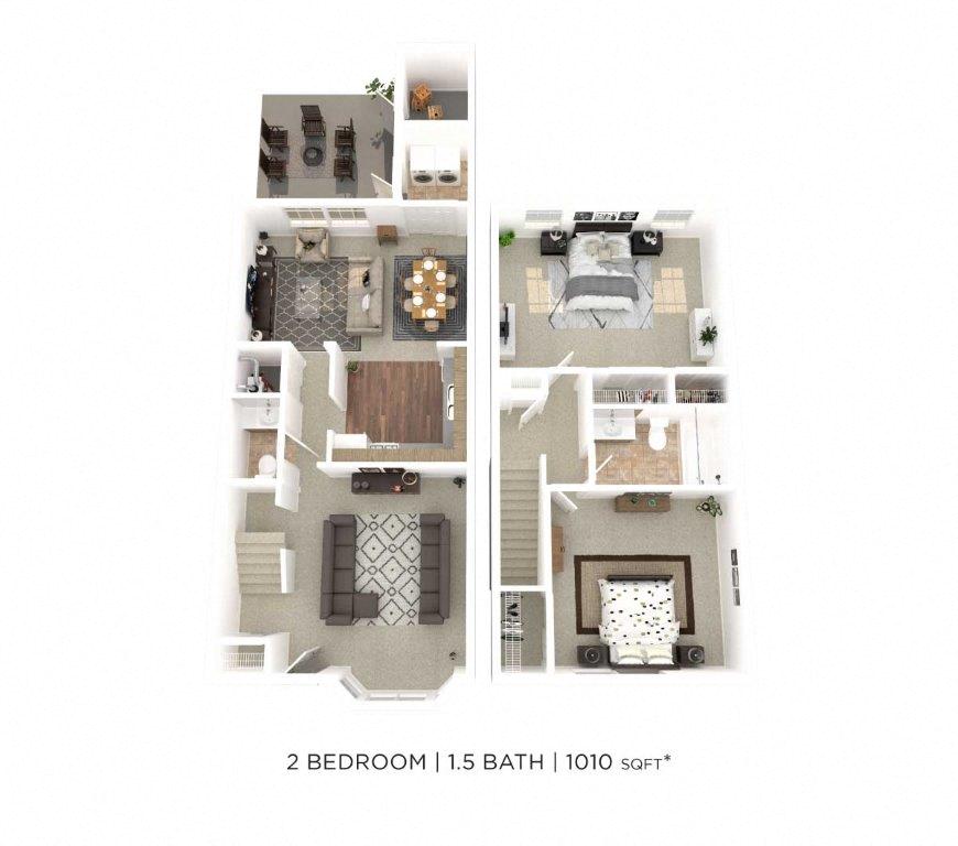 Floor plan for 2 beds, 1.5 baths, 1160 sqft
