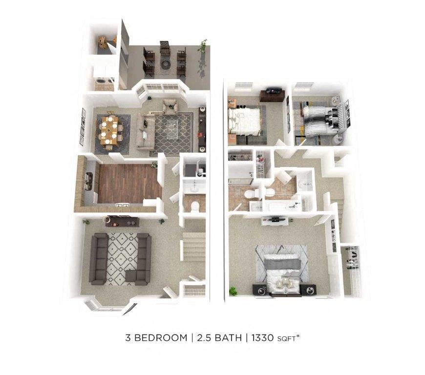 Floor plan for 3 beds, 2.5 baths, 1330 sqft