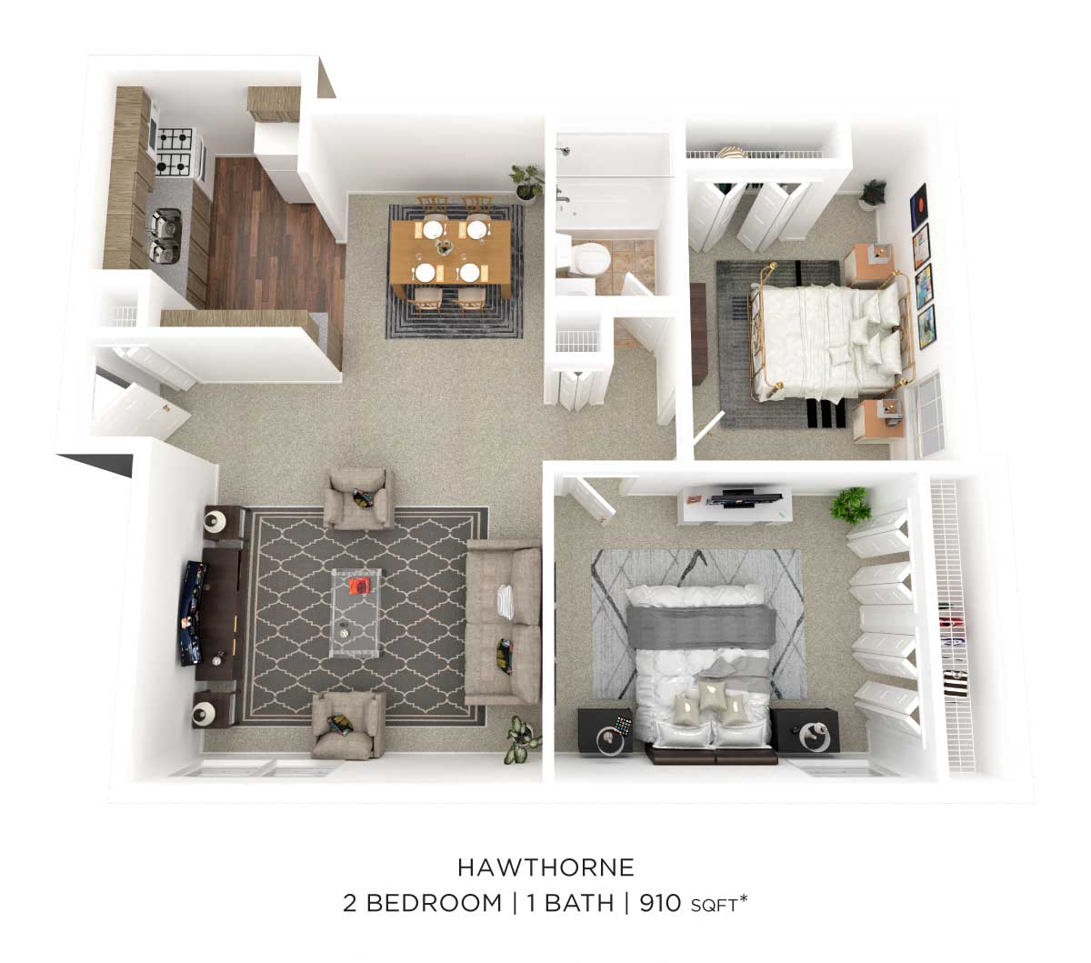 Floor plan for 2 beds, 1 bath, 910 sqft