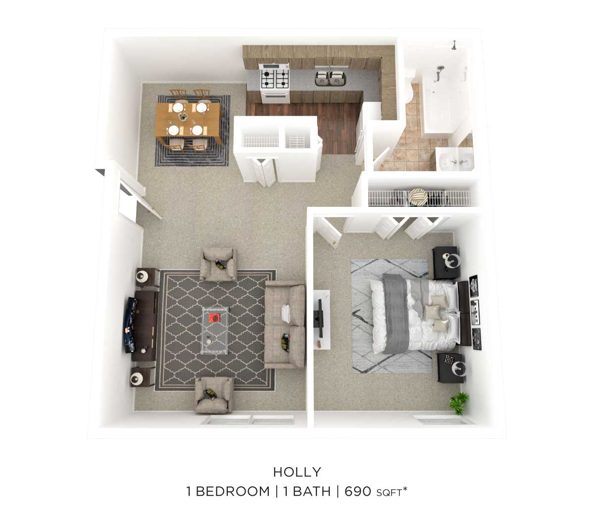 Floor plan for 1 bed, 1 bath, 690 sqft
