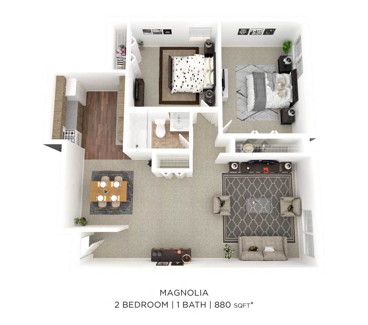 Floor plan for 2 beds, 1 bath, 880 sqft