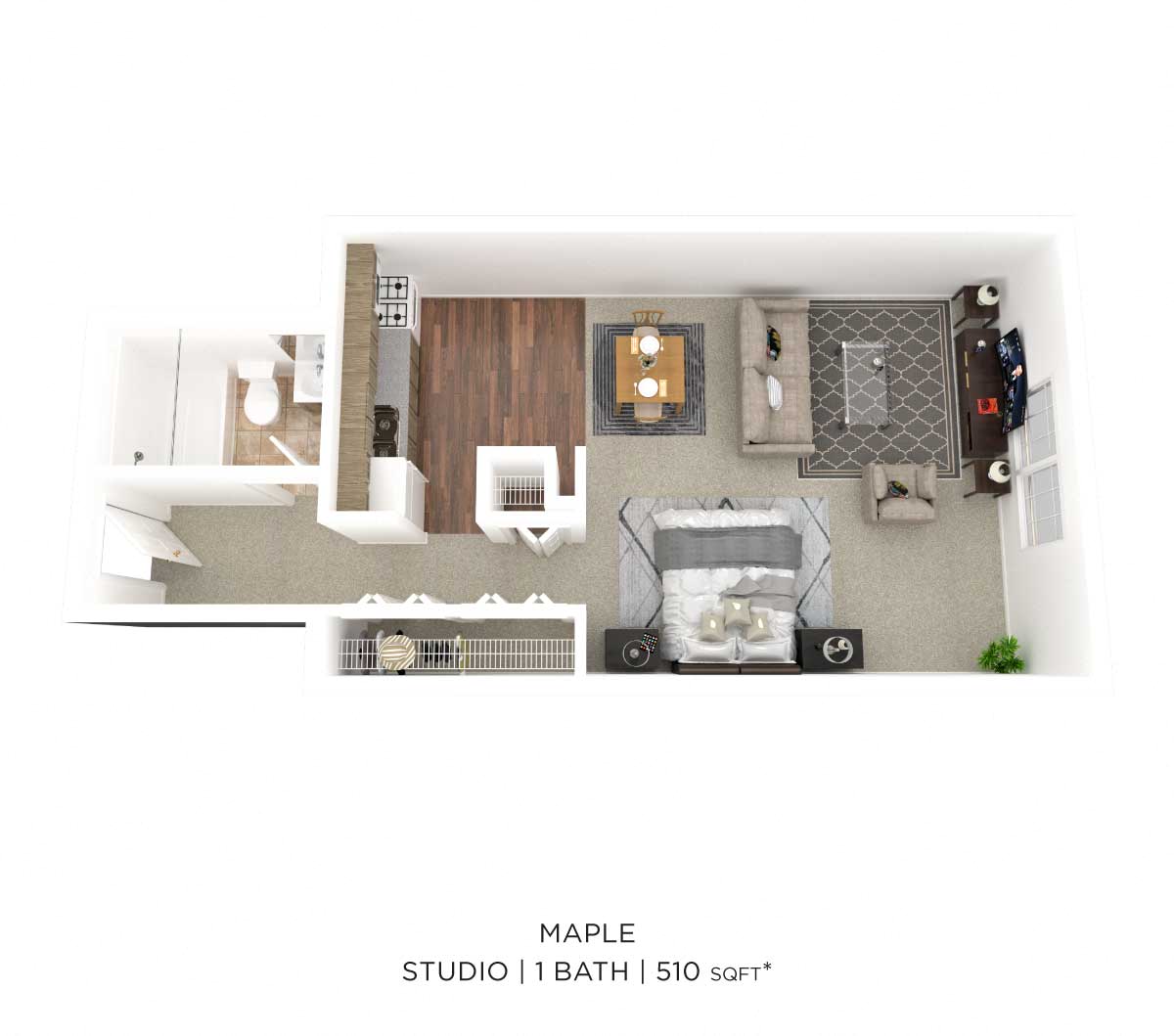 Floor plan for studio, 1 bath, 510 sqft