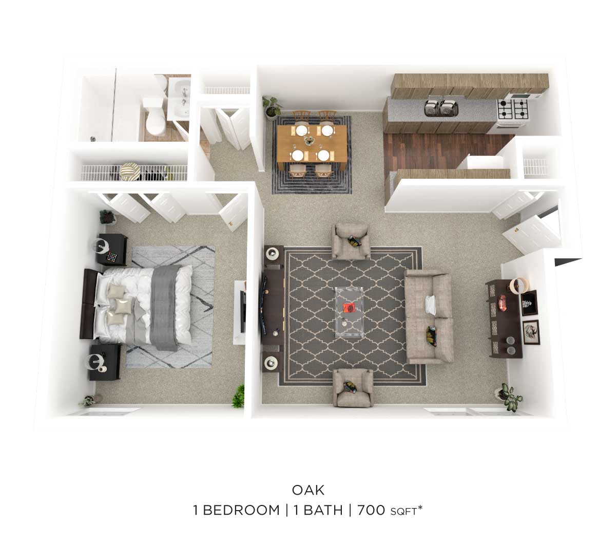 Floor plan for 1 bed, 1 bath, 700 sqft