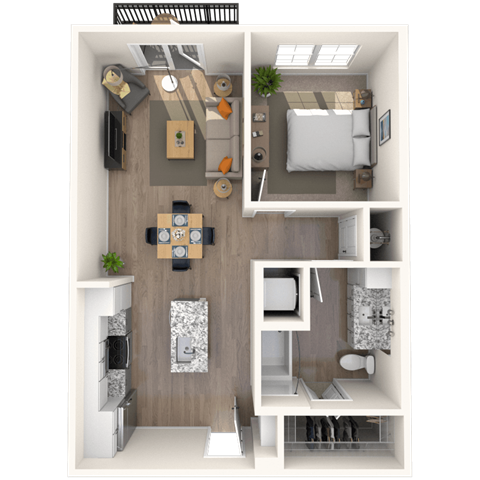 Floor plan for 1 bed, 1 bath, 675 sqft