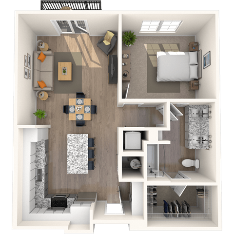 Floor plan for 1 bed, 1 bath, 888 sqft