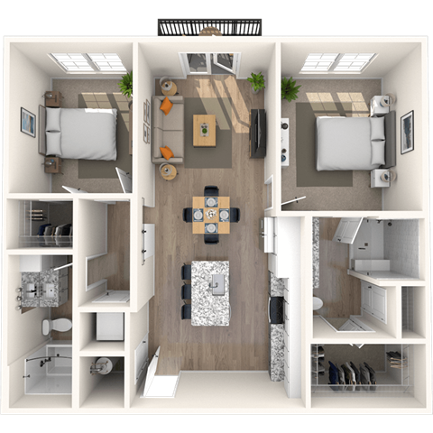 Floor plan for 2 beds, 2 baths, 1088 sqft