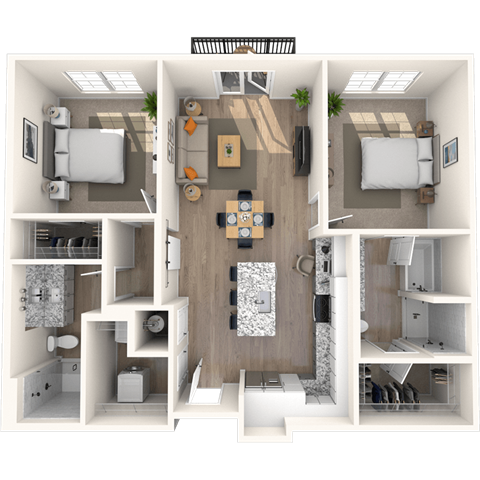 Floor plan for 2 beds, 2 baths, 1286 sqft