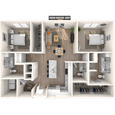 Floor plan for 2 beds, 2 baths, 1358 sqft