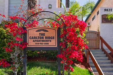 Santee apartment for rent - A sign for Carlton Ridge Apartments is surrounded by red flowers.