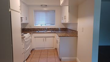 Van Nuys apartment for rent - an empty kitchen with white appliances and a granite counter top