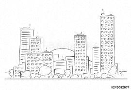 Bronx apartment for rent - A black and white line drawing of a cityscape with buildings and trees.