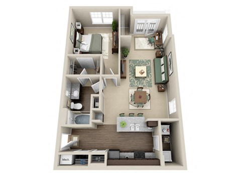 Floor plan for 1 bed, 1 bath, 859 sqft
