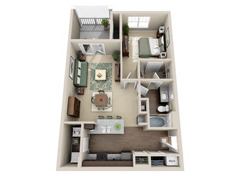 Floor plan for 1 bed, 1 bath, 781 sqft