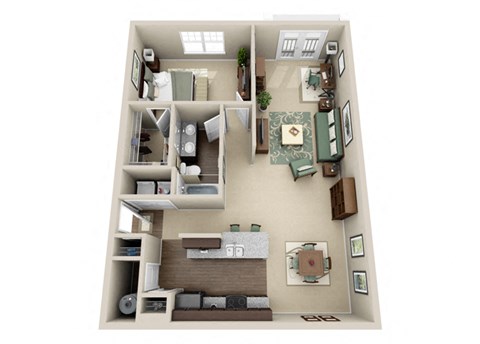 Floor plan for 1 bed, 1 bath, 987 sqft