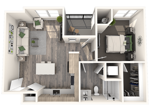 Floor plan for 1 bed, 1 bath, 689 sqft